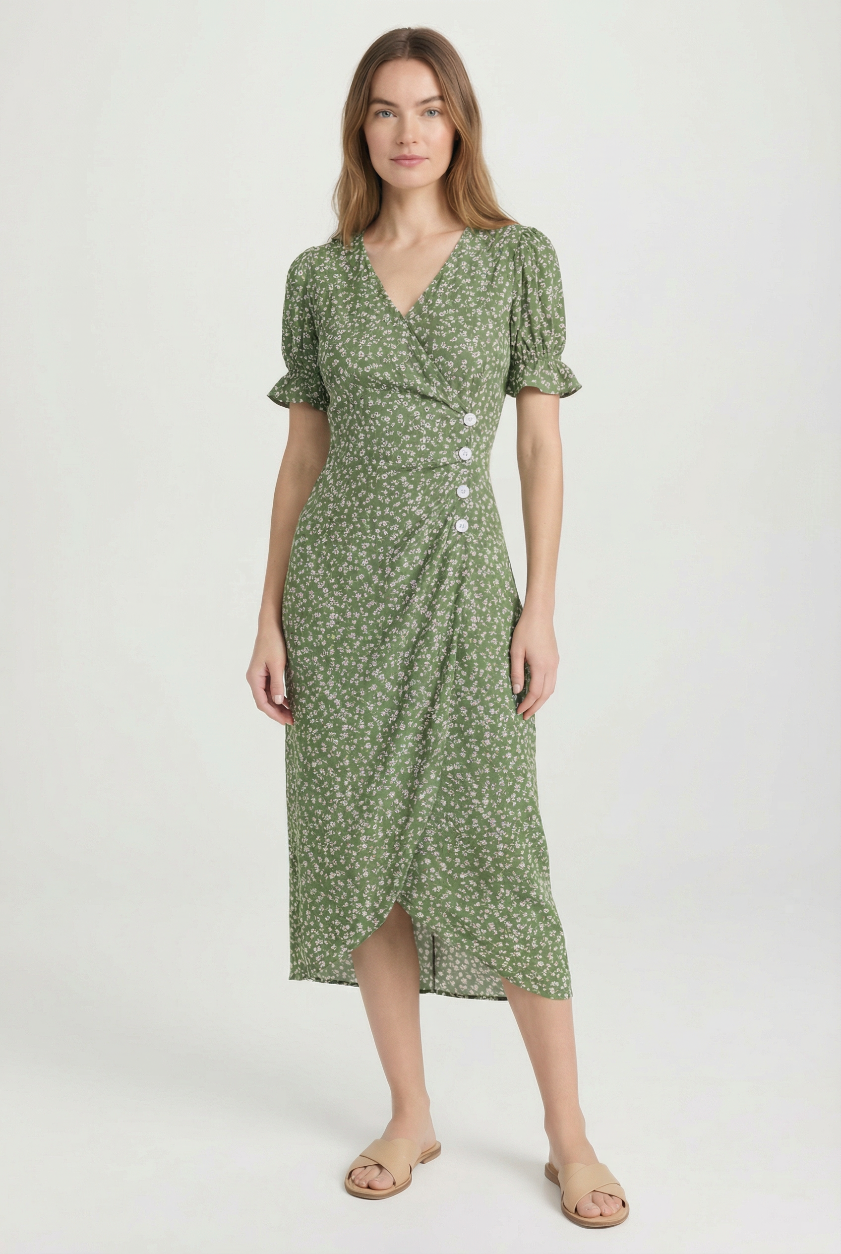 Vestido Mujer Midi Poliéster Floral Escote en V y Mangas Onduladas 4