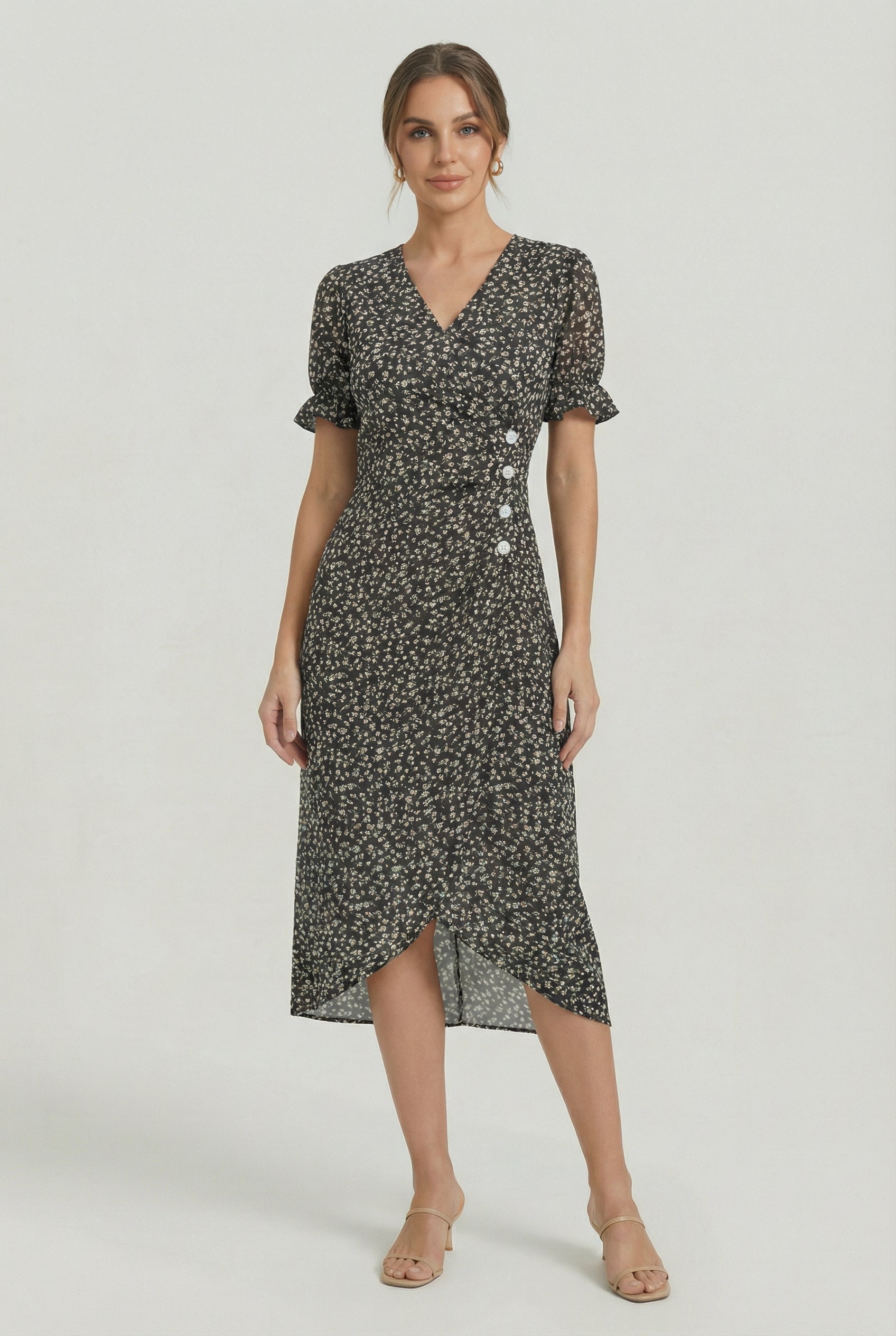 Vestido Mujer Midi Poliéster Floral Escote en V y Mangas Onduladas 6