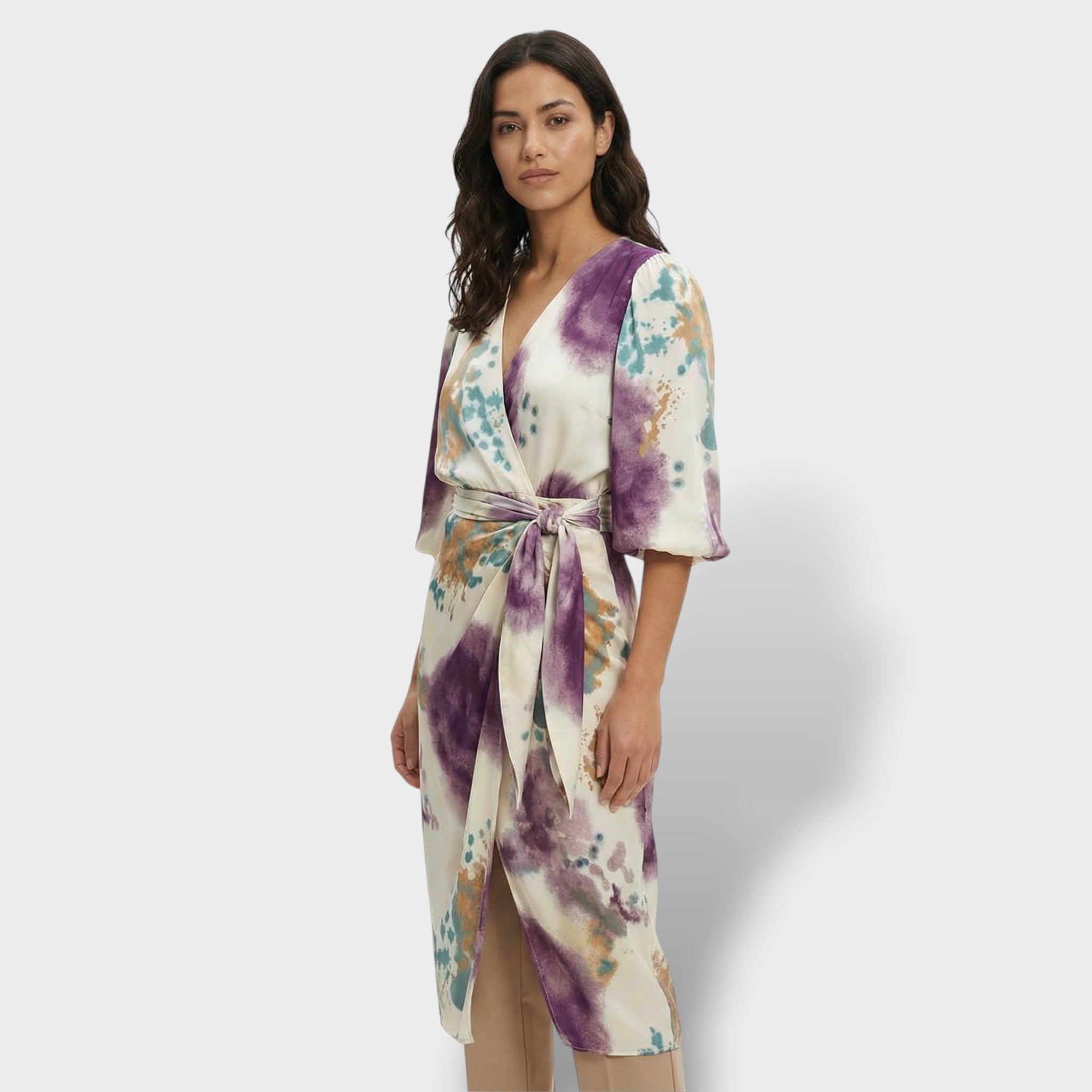 Vestido Mujer Midi Violeta Elegante con Escote en V para Invitada Boda y Fiesta 1