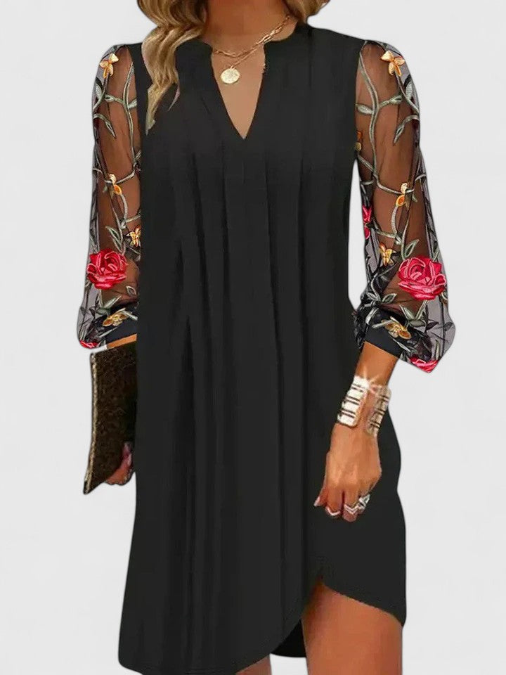 Vestido Mujer Viscosa Elegante Escote en V Mangas Largas Transparentes 1