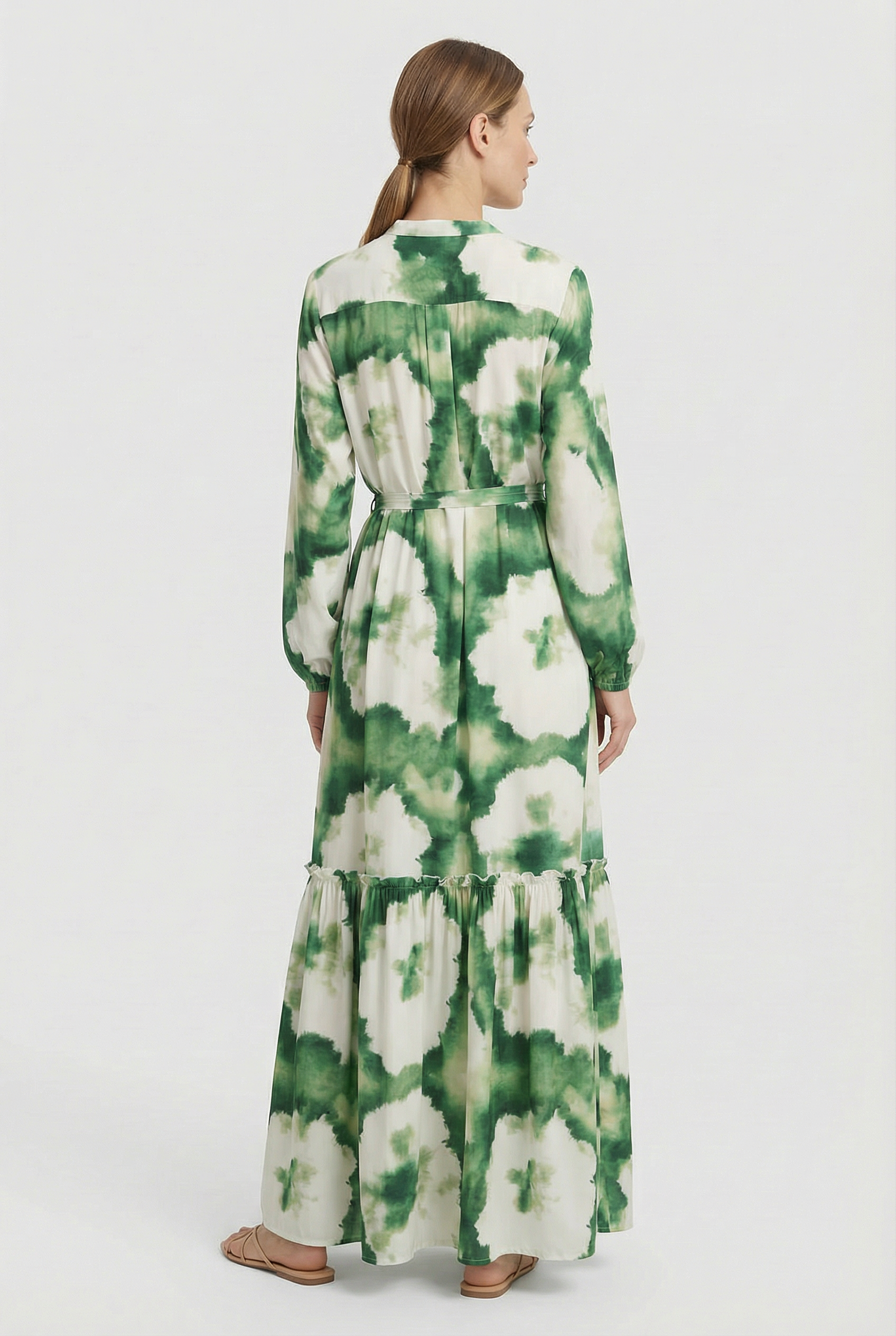 Vestido de Mujer Largo de Tela Ligera con Cuello en V y Estampado Verde Elegante 2