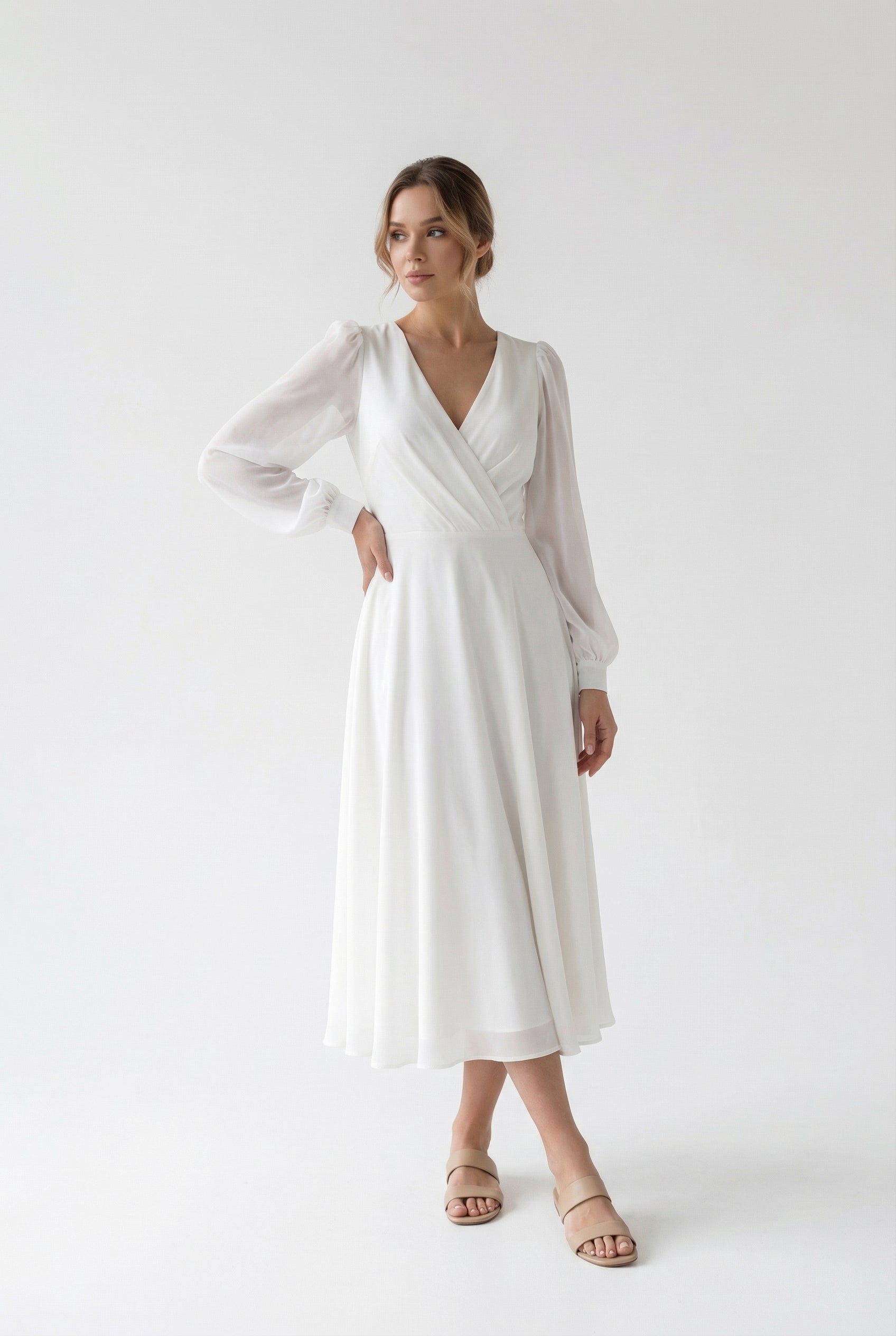 Vestido Midi Mujer Poliéster Blanco con Mangas Obispo y Escote en V