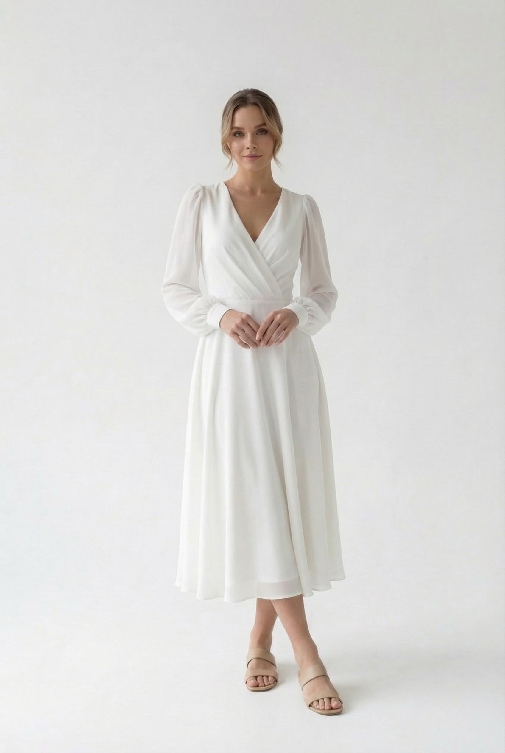Vestido Midi Mujer Poliéster Blanco con Mangas Obispo y Escote en V