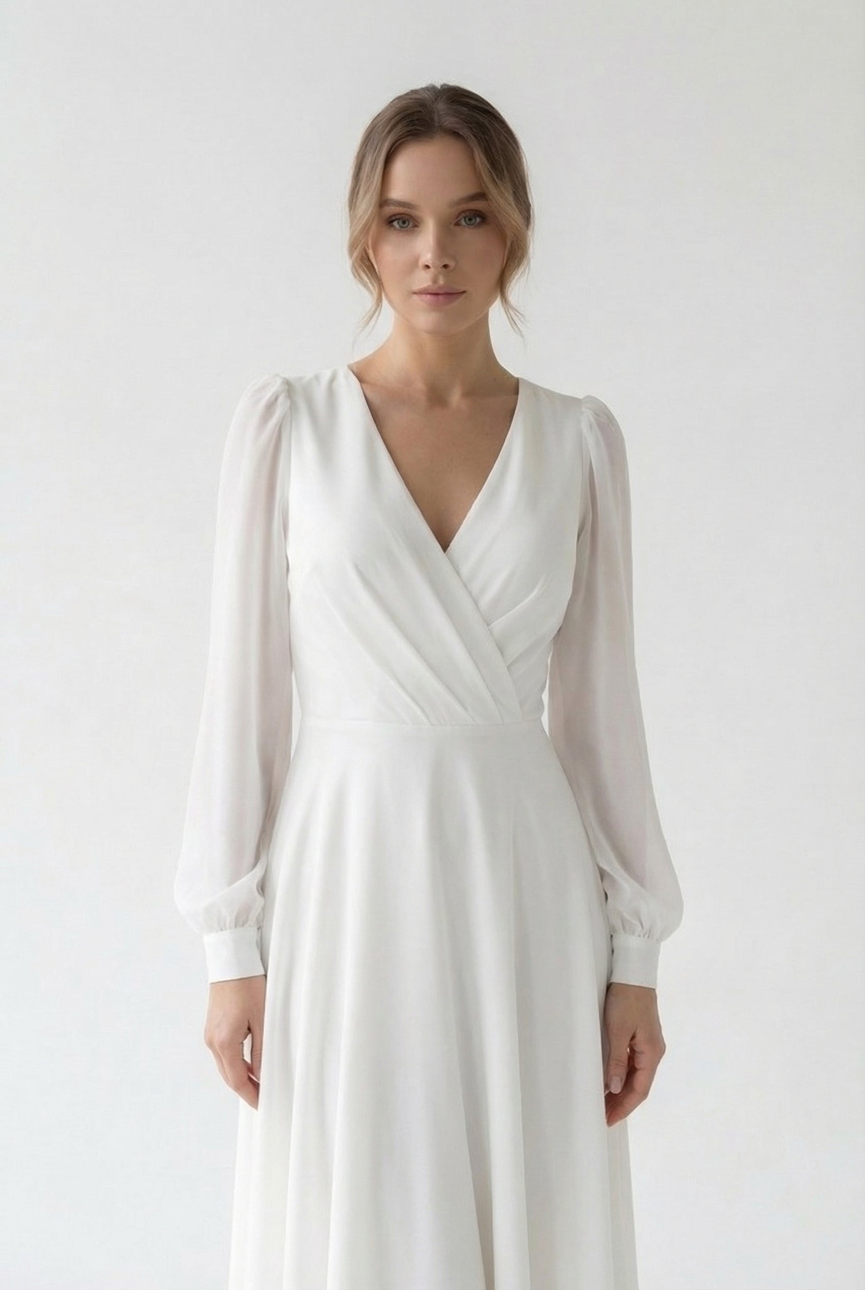 Vestido Midi Mujer Poliéster Blanco con Mangas Obispo y Escote en V