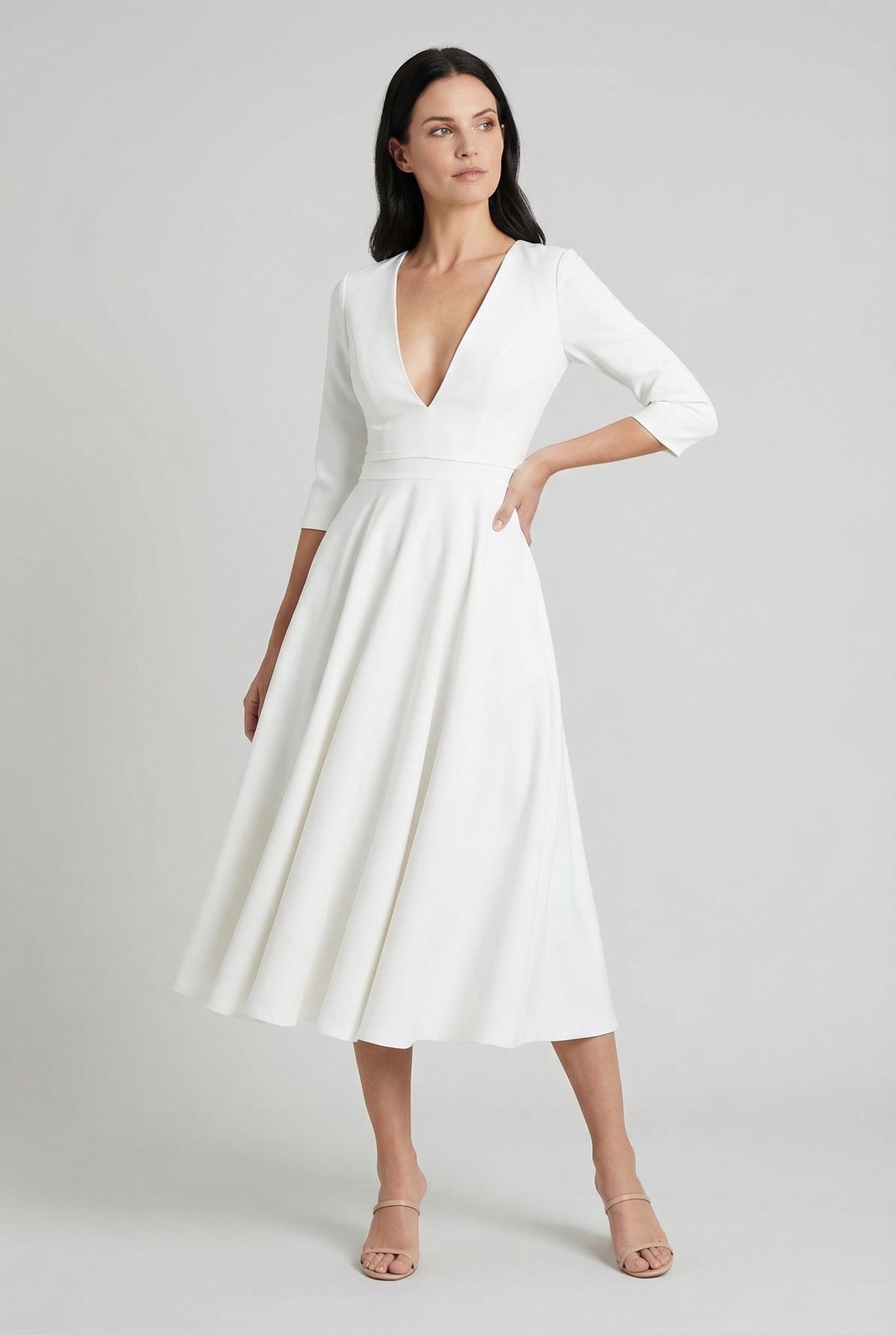 Mujer Vestido Midi Tejido Estructurado Escote En V Profundo Con Mangas 3/4 Elegante