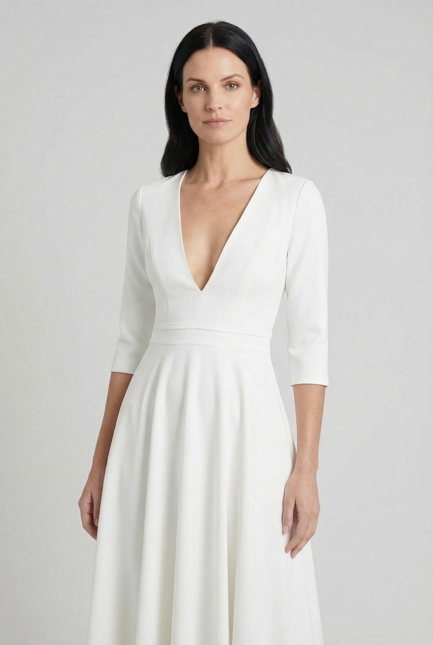 Mujer Vestido Midi Tejido Estructurado Escote En V Profundo Con Mangas 3/4 Elegante