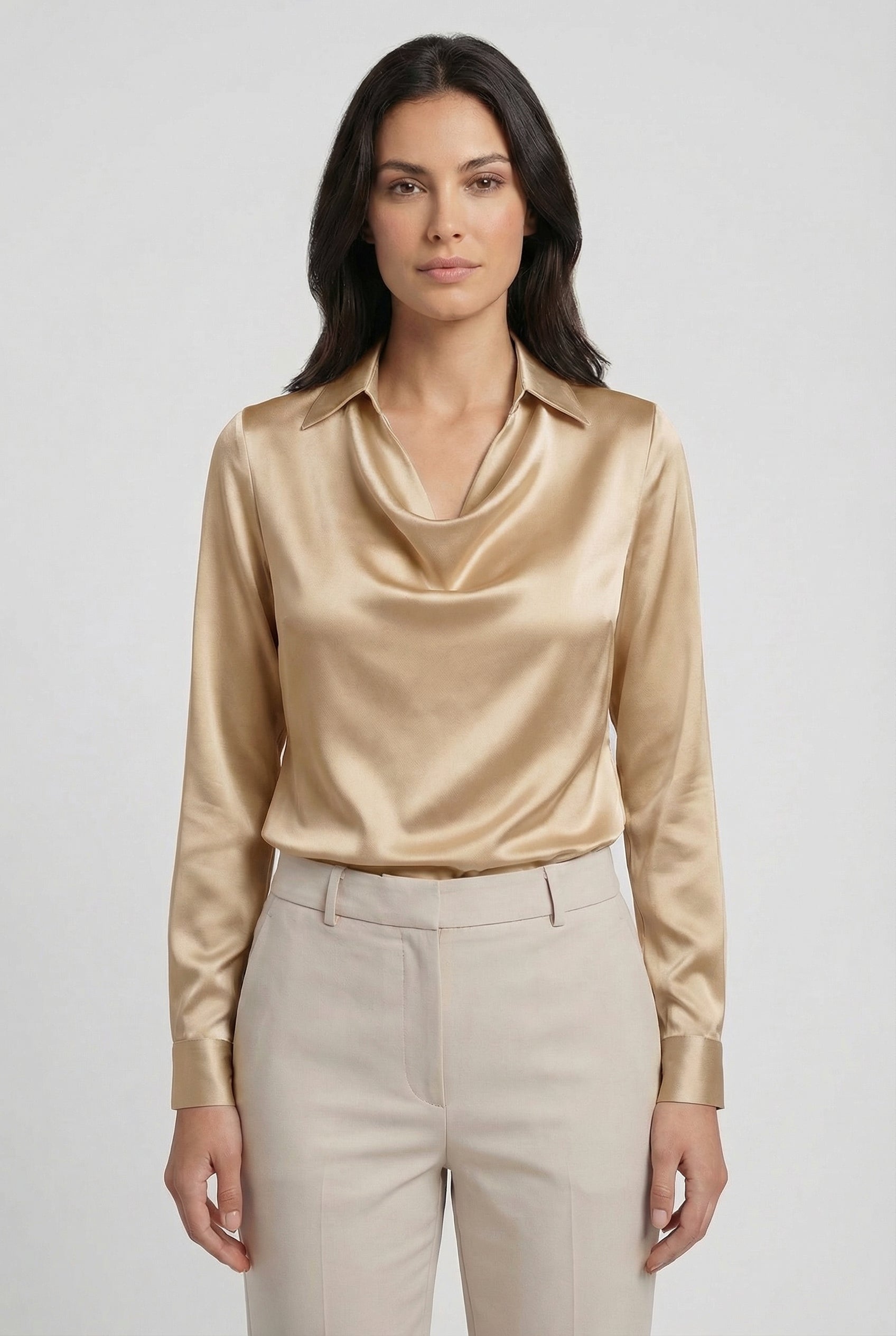 Blusa Mujer Drapeada Manga Larga Tejido Suave Diseño Clásico Elegante