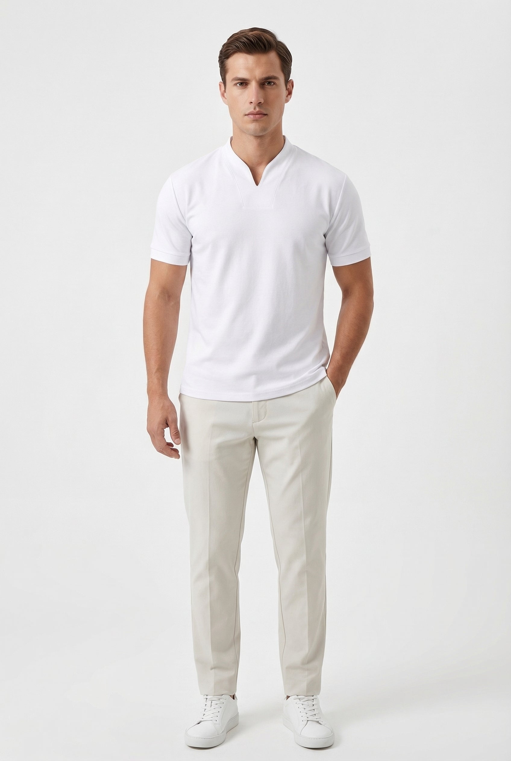 Camisa Hombre Algodón Slim-Fit Cuello en V Manga Corta Casual