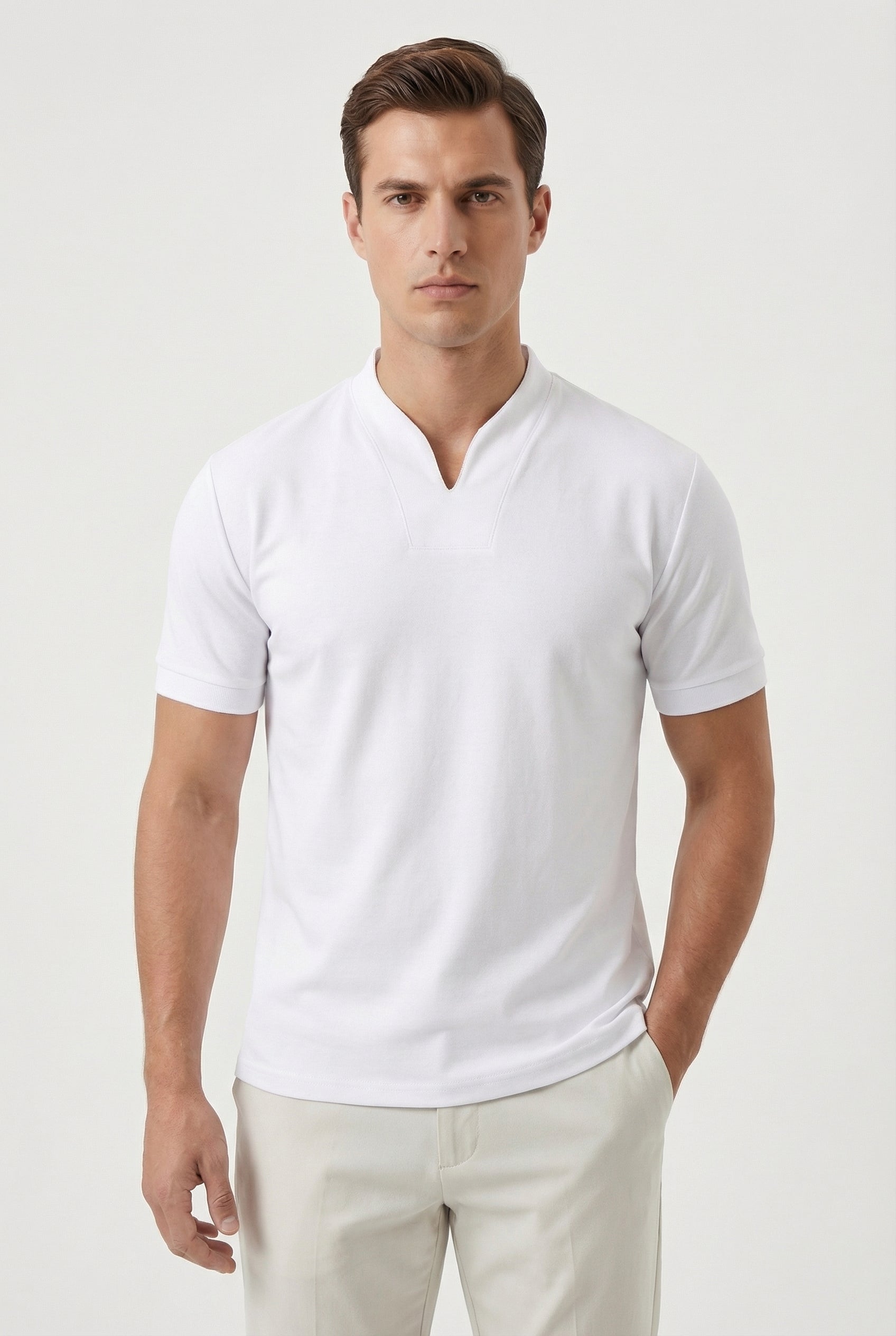 Camisa Hombre Algodón Slim-Fit Cuello en V Manga Corta Casual
