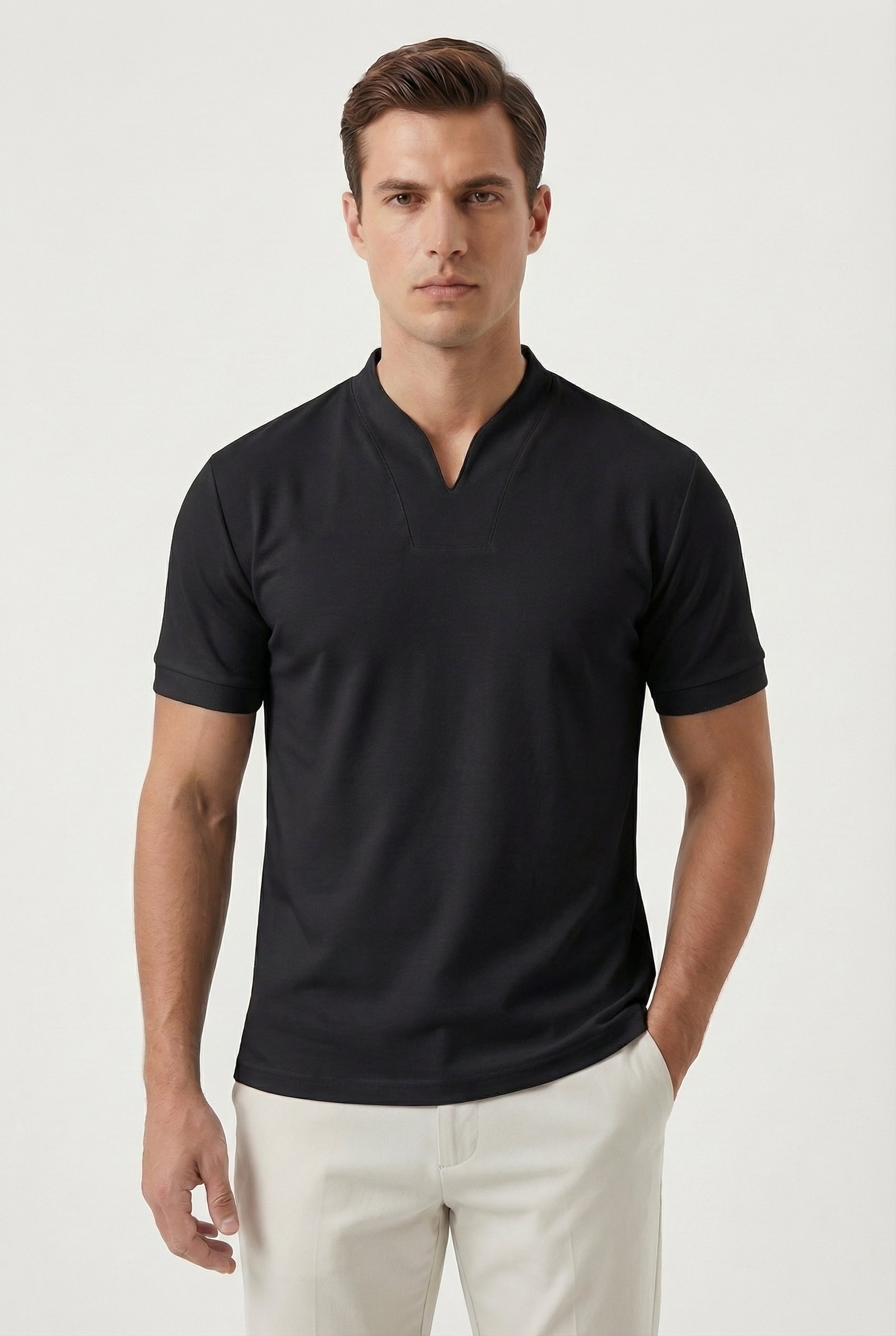 Camisa Hombre Algodón Slim-Fit Cuello en V Manga Corta Casual