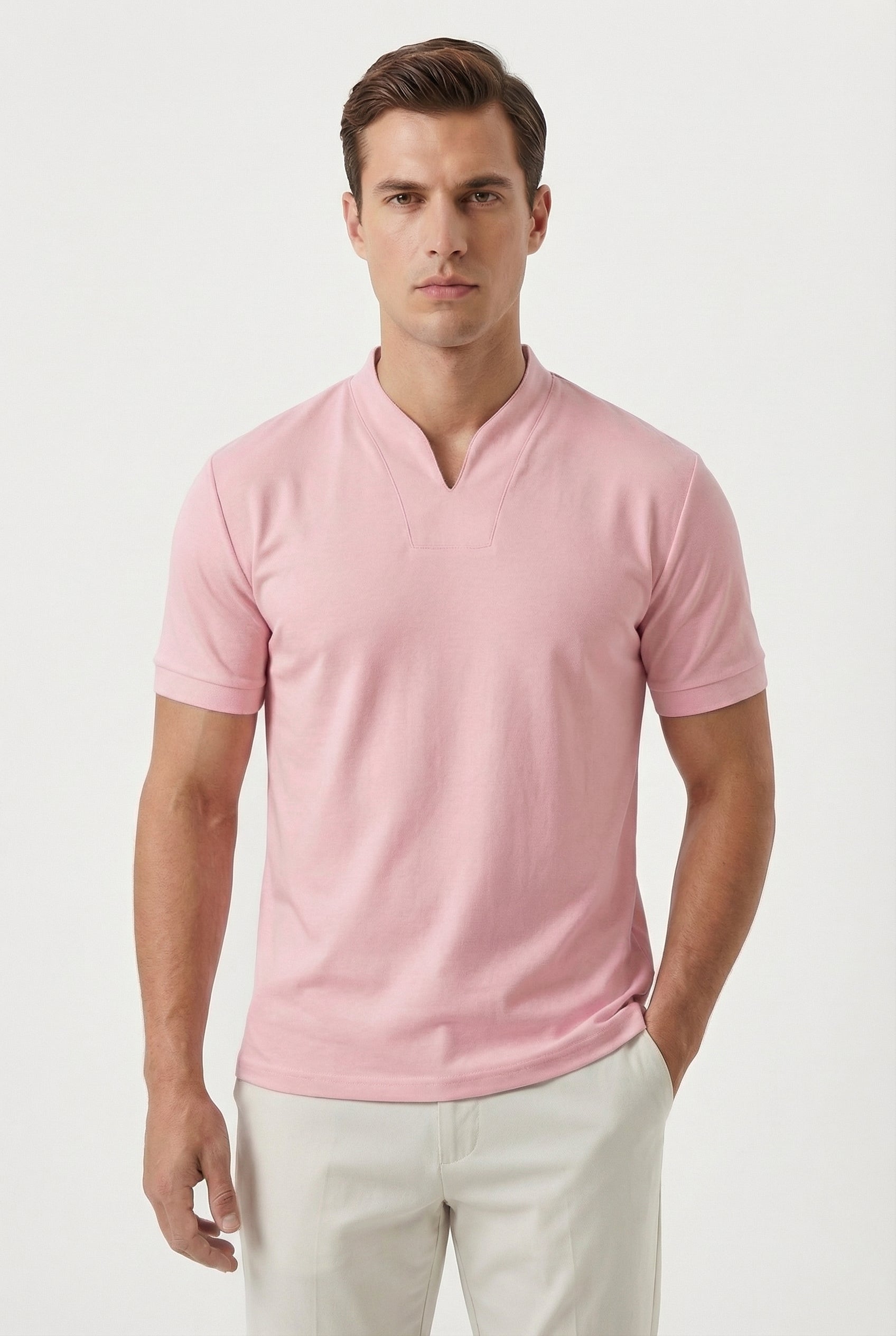 Camisa Hombre Algodón Slim-Fit Cuello en V Manga Corta Casual