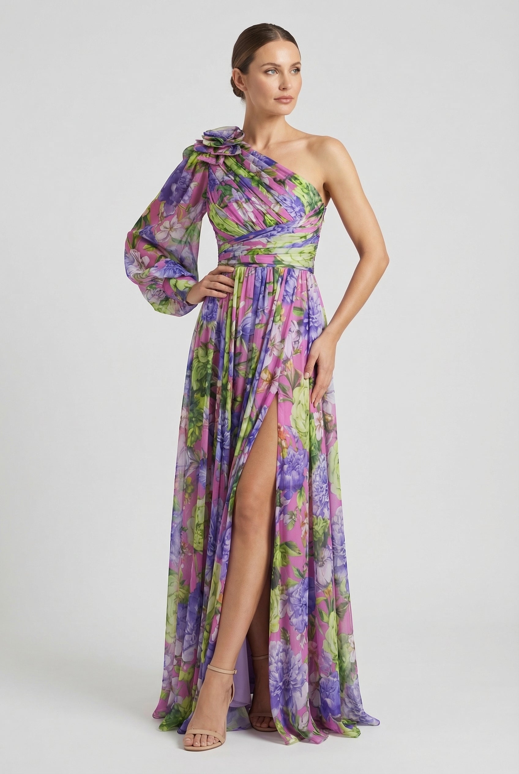Mujer Maxi Vestido Floral Asimétrico de Tejido Ligero con Falda Fluida