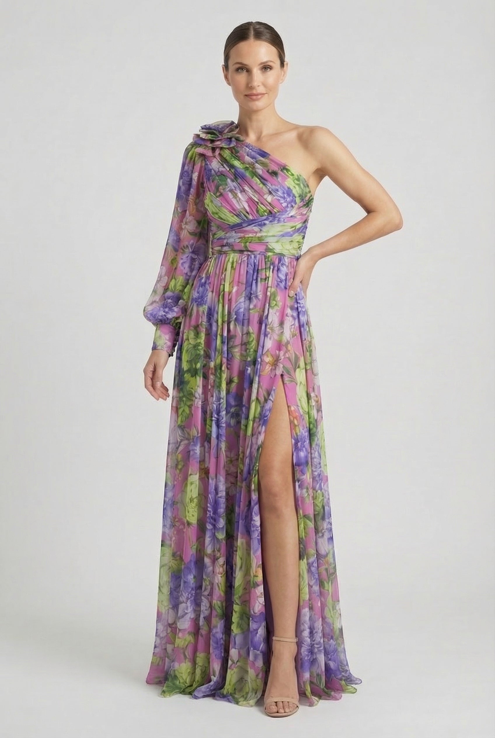 Mujer Maxi Vestido Floral Asimétrico de Tejido Ligero con Falda Fluida