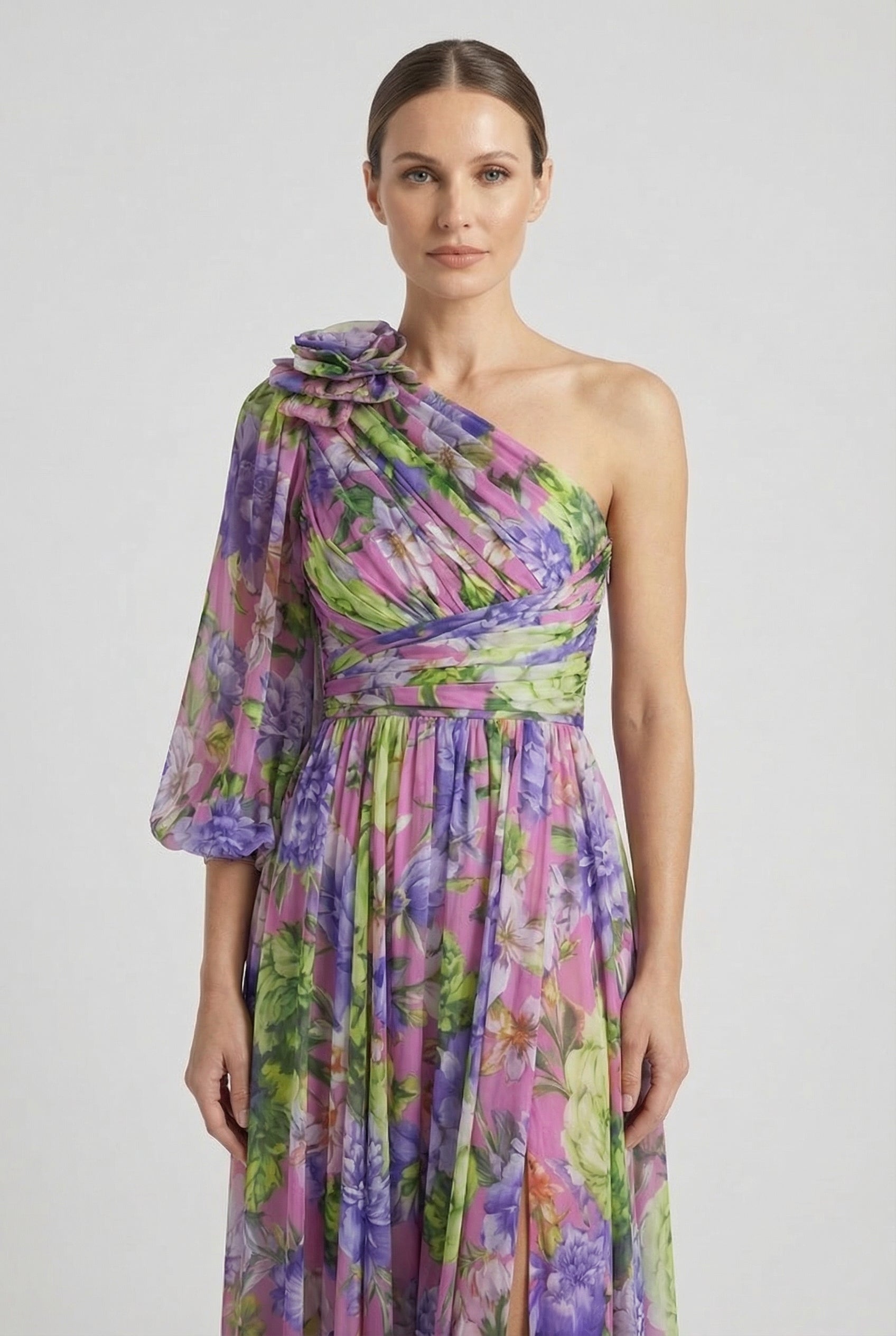 Mujer Maxi Vestido Floral Asimétrico de Tejido Ligero con Falda Fluida